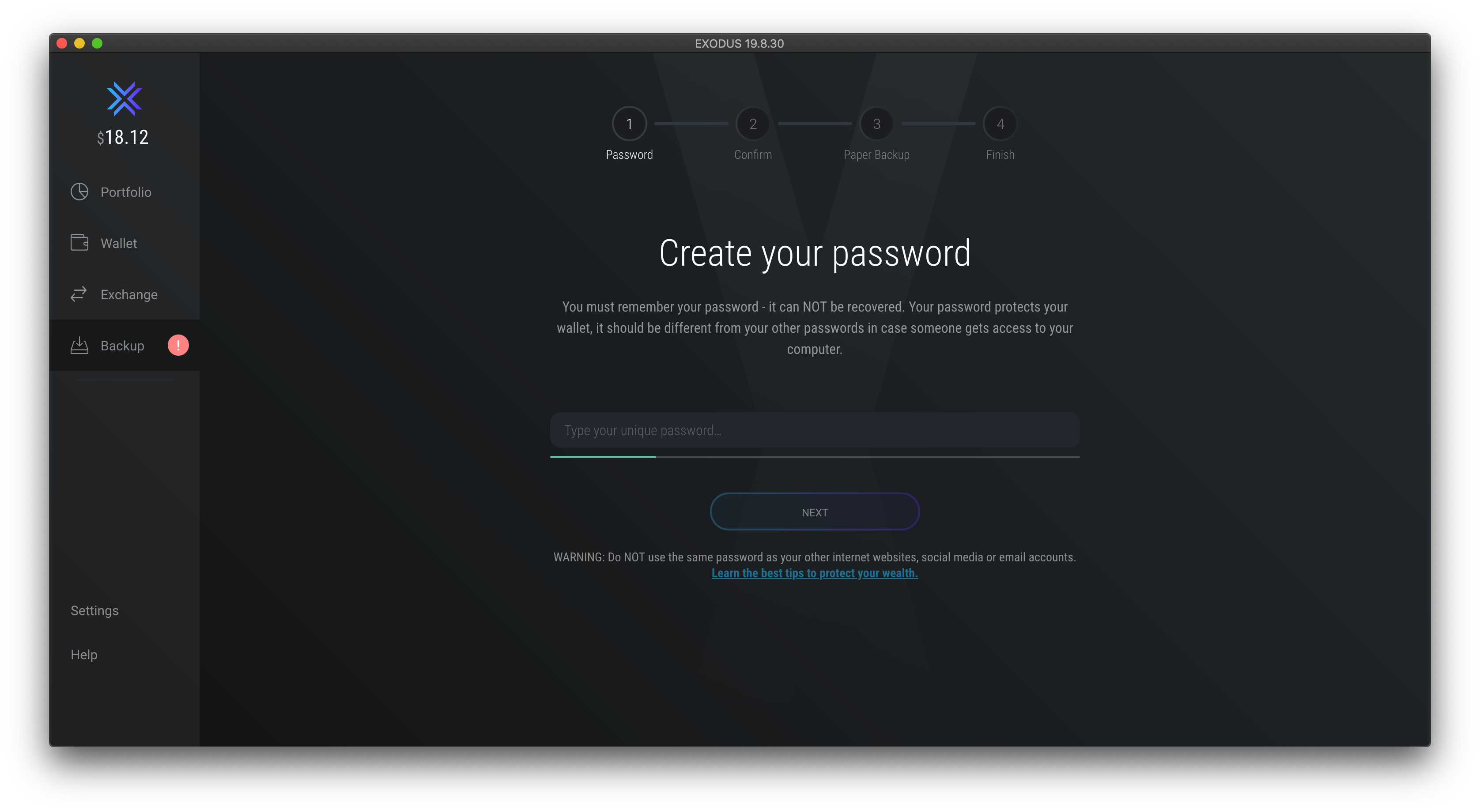 Create a password in Exodus